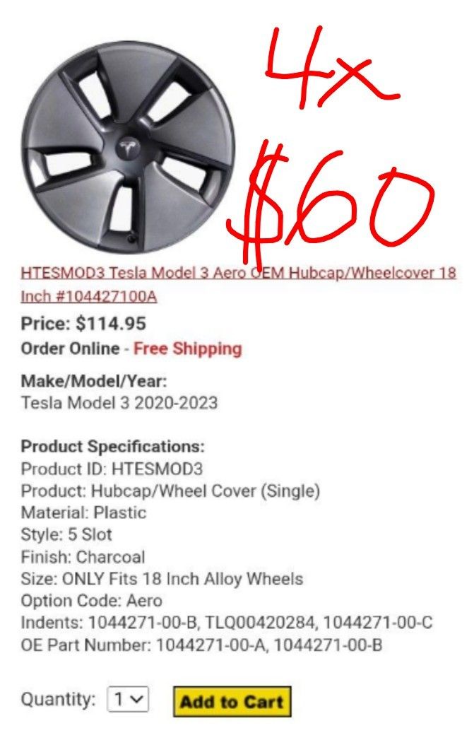 4x TESLA AERO MODEL 3 - 18" HUBCAPS