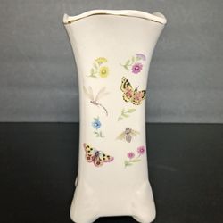 Butterflies, Dragonfly, Flowers 7" Porcelain Footed Vase