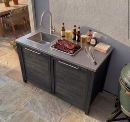 Solid Cedar Patio Prep Table with Patio Kitchen Sink Cabinet with Stainless Steel Countertop with Trash Drawer for Grilling, Outdoor Cooking Station,