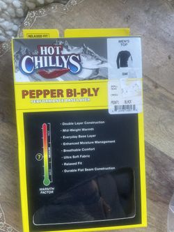 NIB Hot Chillys Pepper Bi-Ply Performance Base Layer Mens Crewneck Top Black SM
