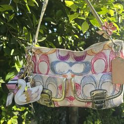 Coach Multicolor Scribble C Shoulder Bag Silver Leather Trim Y2K Charm Bundle 