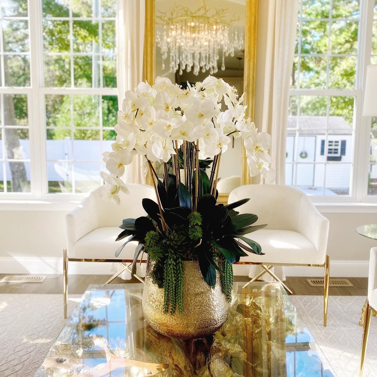 Multiple Stems of Phalaenopsis Orchids and Succulents Artificial Plant