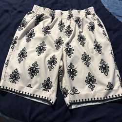 Men's Paisley Bermuda Shorts White Black Elastic Waist Pockets Summer Casual