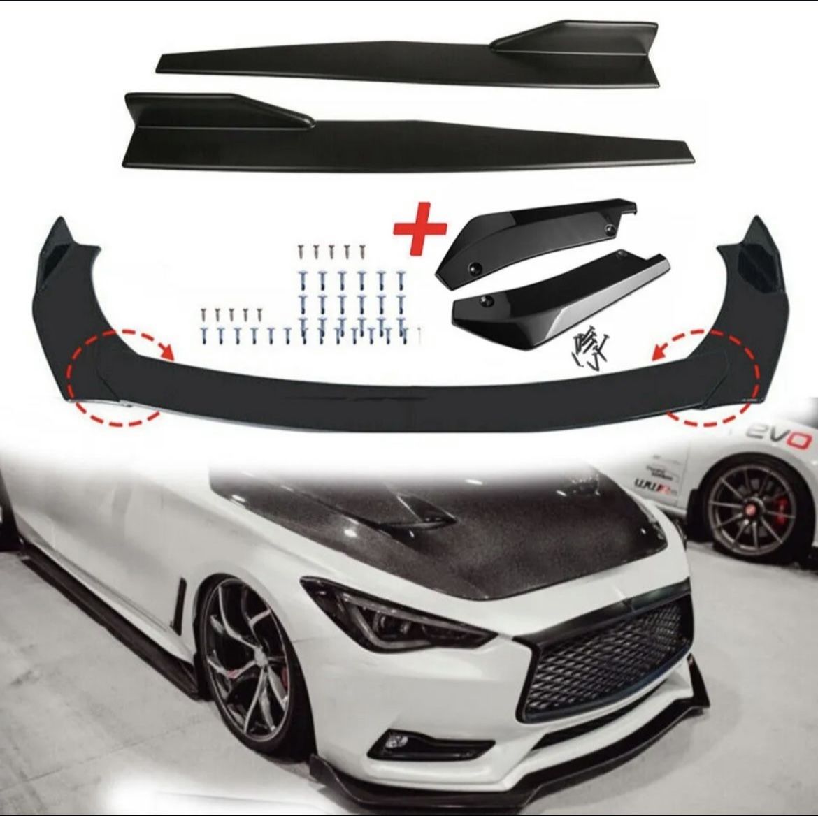 Front Bumper Lip Spoiler Splitter/ Side Skirt /Rear Lip  For Infiniti Q50