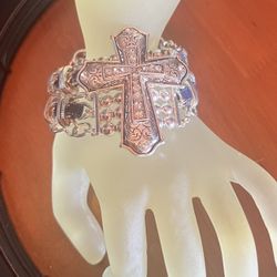 STATEMENT Vintage Large Silver Cross  Slip On Denim Braided Bracelet