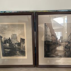 Pair of Stevens Etchings - European River Scenes