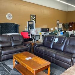 Dark Brown Leather Reclining Sofa Set