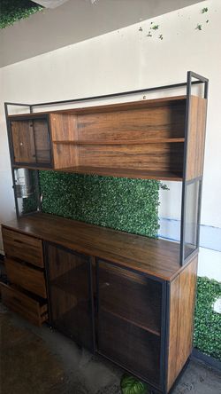 Industrial Wood and Metal Bookshelf with Cabinet