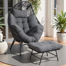 IRONCK Wicker Outdoor Egg Chair with Ottoman, Patio Lounge Chair, Dark Gray