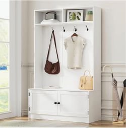 White Hall Tree with Storage, 70.9" Tall Entryway Bench with Shoe Storage, Coat Rack and Top Shelf, Freestanding Wooden Hall Tree with Bench for Entry