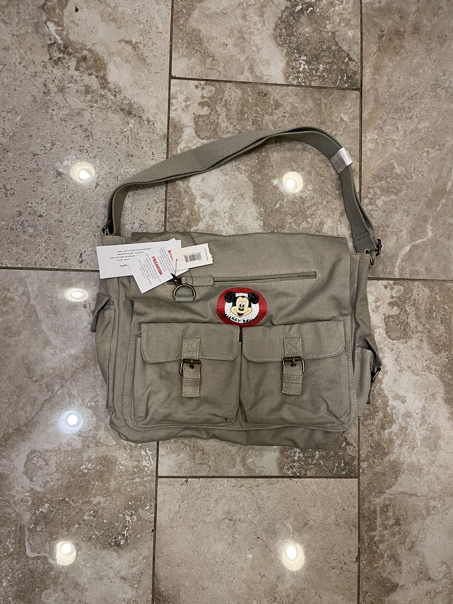 Vintage 90s Disney Mickey mouse Club Khaki Green Cotton Tote Bag with 6 Pockets