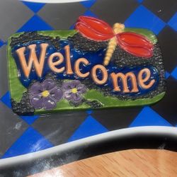 Ceramic Colorful Welcome Sign with Dragonfly Design/ Hand-Painted 