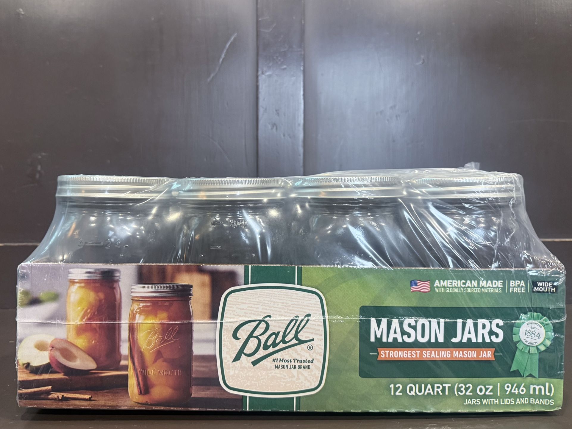 32 oz Glass Wide Mouth Mason Jars w/ Lid & Band, Set of 12 - NEW