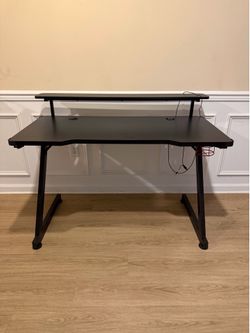 48" Black Carbon Fiber Gaming Desk with Riser Shelf & Cup Holder
