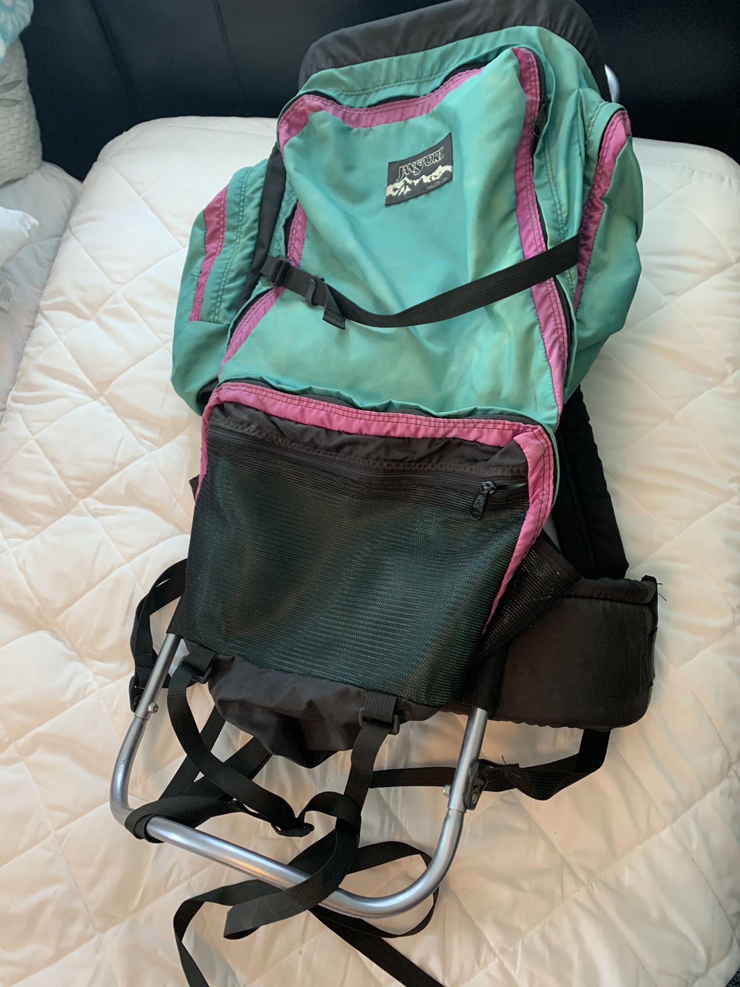 VTG Jansport External Frame Backpack Made In USA Hiking Camping Green Pink