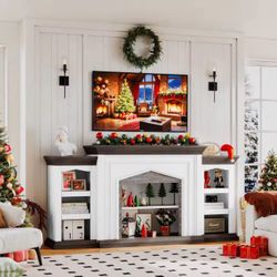 🔥 80” Electric Fireplace TV Stand with Mantel & Storage Shelves – White & Brown 