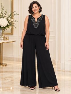 Black Beaded Neckline Wide-Leg Jumpsuit