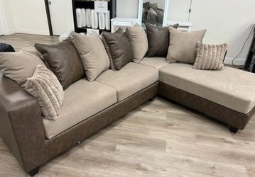 NEWIN BOX - Brown two Tone Fabric Sectional With Brown Pillows -Finance Available $54 down