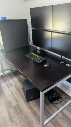 Large Dark Brown wood desk with metal frame