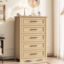 Farmhouse 5 Drawers Dresser, 45.5" H Modern Country Storage Dressers with Brushed Metal Handles, Wood Storage Organizers for Bedroom, Living Room, Hal