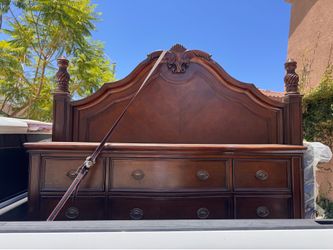 Traditional Solid Wood King size Headboard & Dresser Set - Ornate Carved Details - Rich Walnut Finish"