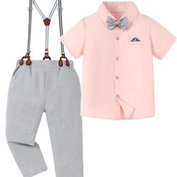 Kids Pink Shirt and Gray Pants Set with Bow Tie