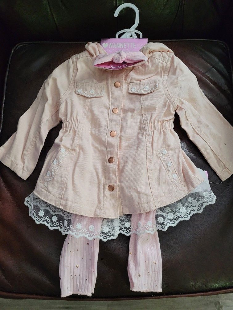 Nannette Baby Pink Jacket with Hoodie, Shirt that reads Kind Heart, with pink gold confetti pants and matching head band. Sz 18M