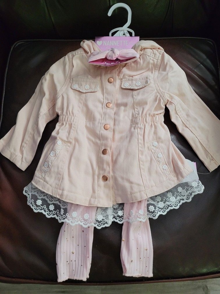 Nannette Baby Pink Jacket with Hoodie, Shirt that reads Kind Heart, with pink gold confetti  pants and matching head band. Sz 18M 