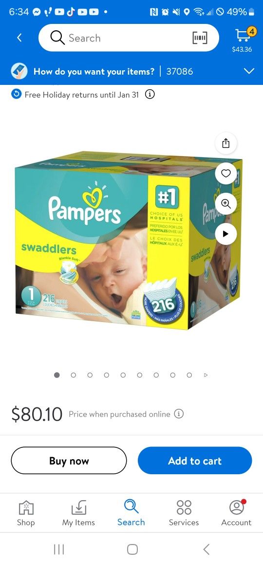 Pamper Swaddlers 216 Count Size 1