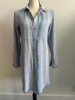 Cloth & Stone Anthropologie Striped Shirt Dress Rayon Linen Blend Blue Pink XS