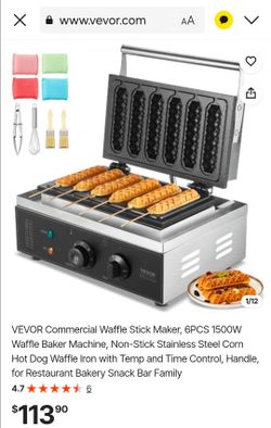 VEVOR Commercial Waffle Stick Maker, 6PCS 1500W Waffle Baker Machine, Non-Stick Stainless Steel Corn Hot Dog Waffle Iron with Temp and Time Control, H