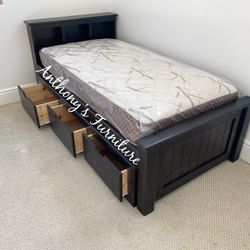 Black Twin Bed With Drawers And Mattress 