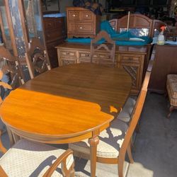 Hardwood Dining Table With 6 Solid Wood Carved Chairs And Matching 6' Buffet Cabinet 