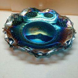 Vintage Iridescent Carnival Glass Bowl Peacock Blue