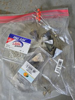 Fishing eagle claw, pyramid sinker etc.