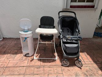 Baby stroller, collapsible high chair, diaper pail
