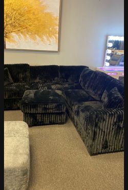 Black Onyx Plush Corduroy Sectional with ottoman and accent pillows 99x99 pick up can deliver