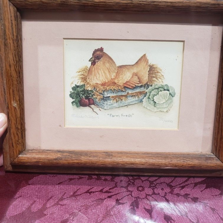 Farm Fresh Small Chicken Hen Signed Framed Lithograph Lillian Evans California