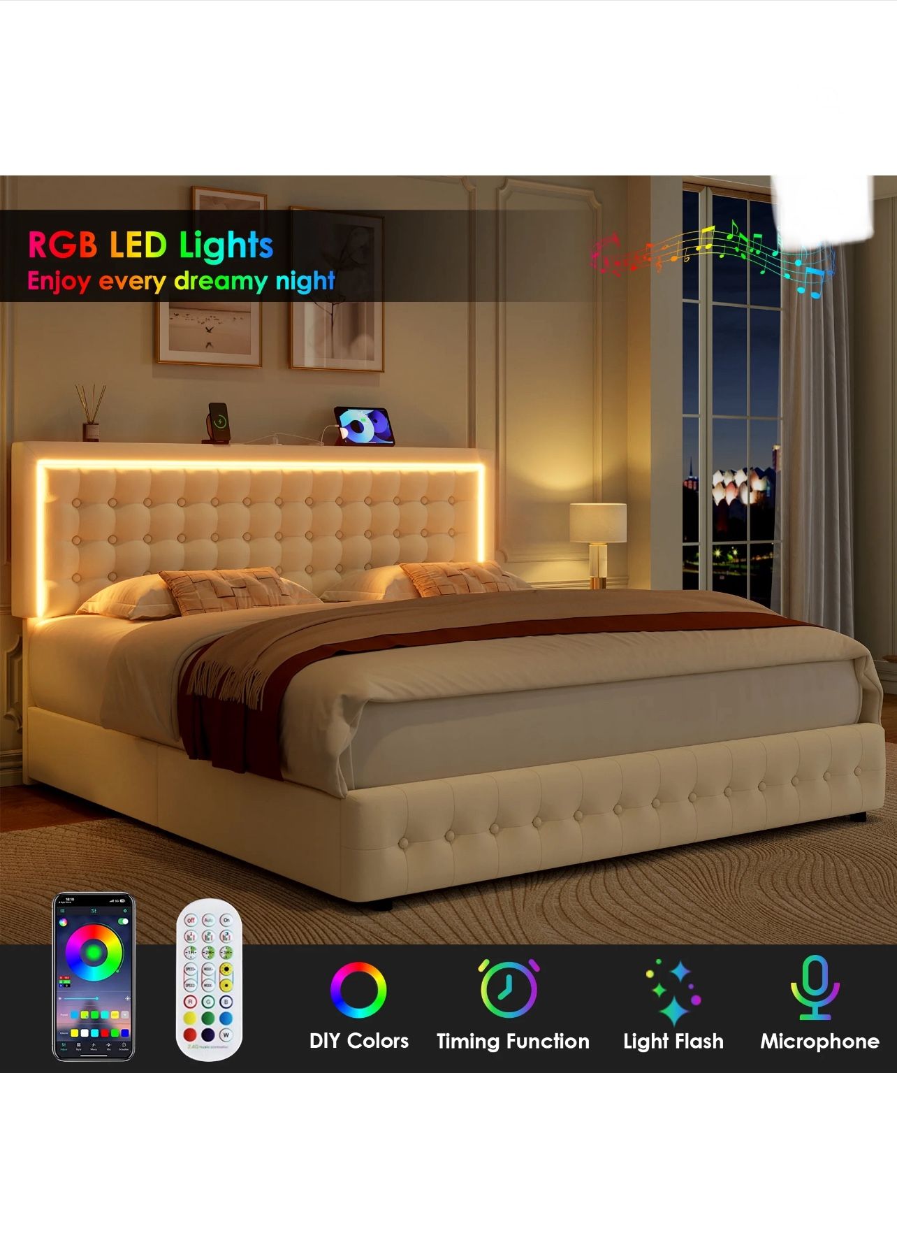 King Size LED Bed Frame with 4 Drawers, Velvet Platform Bed with Built-in USB Ports, Beige, New in Box