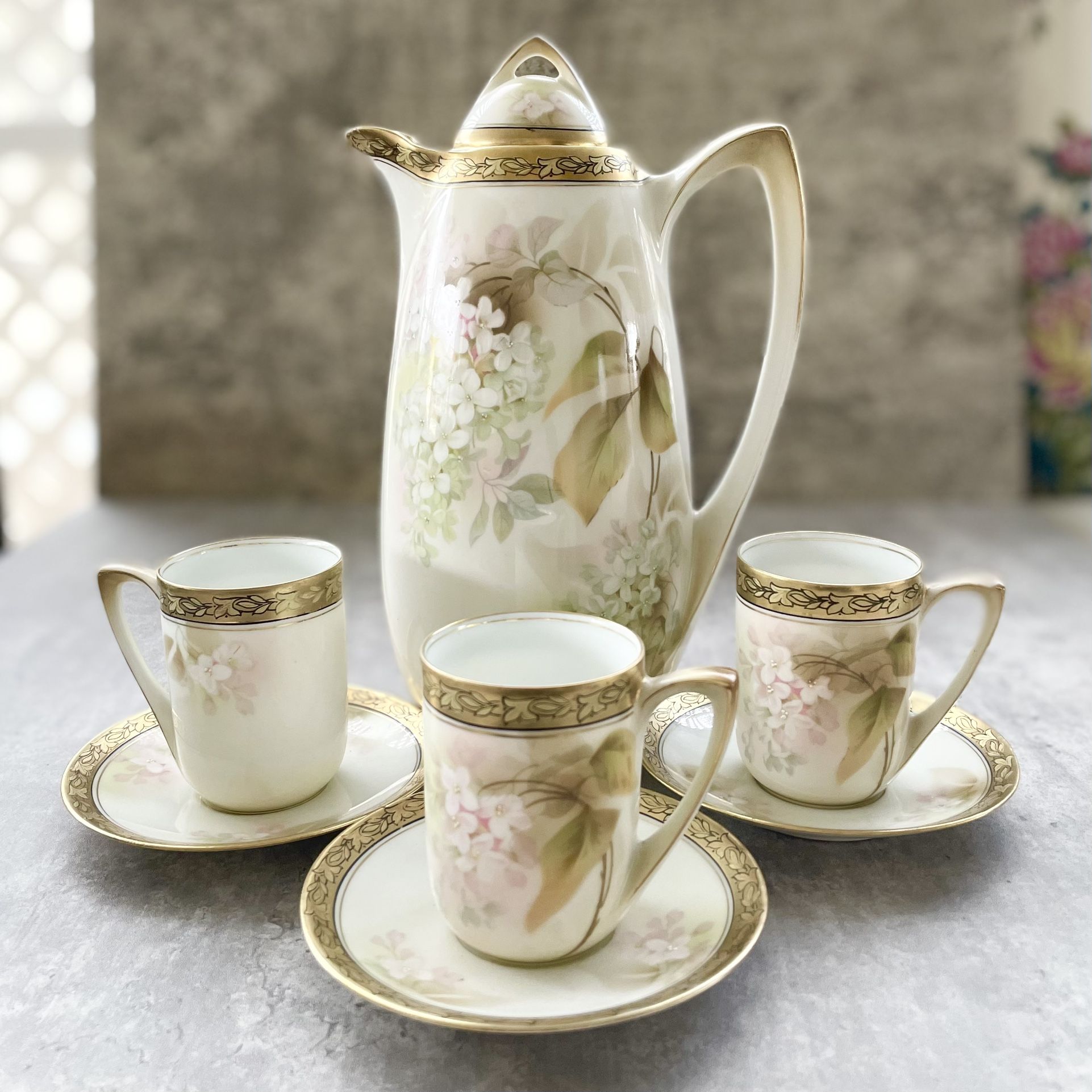 RS Germany Vintage 18K Gold Floral Chocolate Pot Cup Set Bone China Hand Painted