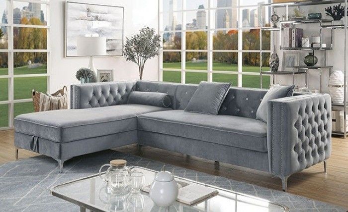 New Sectional (Left Chaise W/Storage) Grey Flannelette