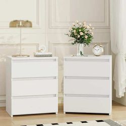 2 Pcs White Nightstand with 3 Drawers, Sofa Table for Living Room, Modern Wooden Storage Cabinet for Bedroom