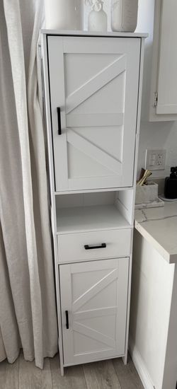 White Tall Storage Cabinet / Pantry – Slim Farmhouse Style