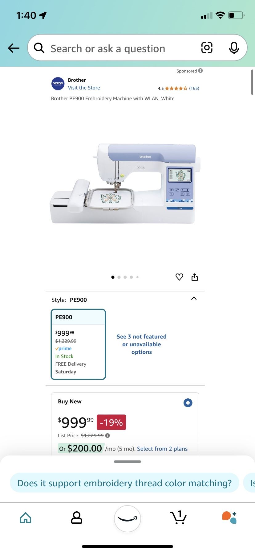 BROTHER PE900 EMBROIDERY MACHINE