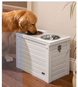 Raised Dog Diner with Food Storage, Elevated Feeding Station for Large Dogs, 2 Stainless Steel Bowls (32 oz ea), Holds 15–20 lbs of Food,