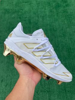 ADIDAS ADIZERO AFTERBURNER 7 “WHITE / METALLIC GOLD” MOLDED BASEBALL CLEATS (Size 11.5, Men’s)