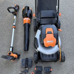 WORX Nitro 40V Power Share 20" Cordless Push Lawn Mower + Blower + Weed Eater Outdoor Power Tool Combo 