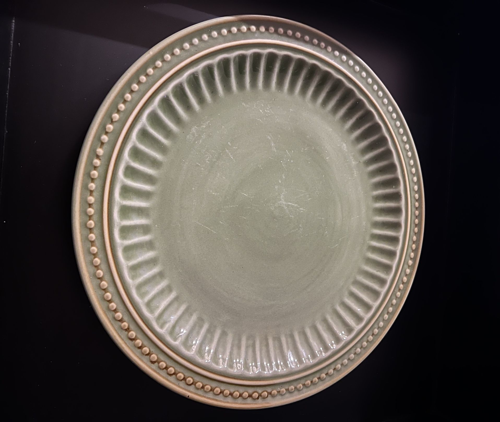Vintage Bombay Sage Green Fluted Scalloped Dinner Plate.
