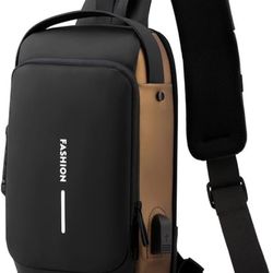 New Carbon Fiber Streamline Anti-Theft Sling Bag, USB Charging Sport Sling Sport Waterproof Anti Theft Shoulder Bag (Gold)