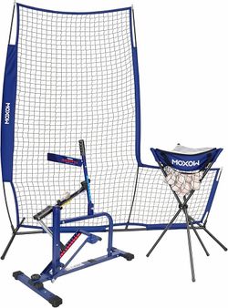 MOXOW Sagitta Baseball & Softball Pitching Machine 3-in-1 Bundle with Ball Caddy & 7×6 ft L Screen — Portable Launcher for Batting & Fielding Practice